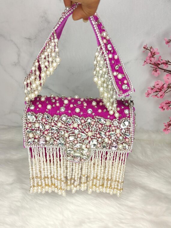 Designer Crystal and Pearl Work Flap Clutch