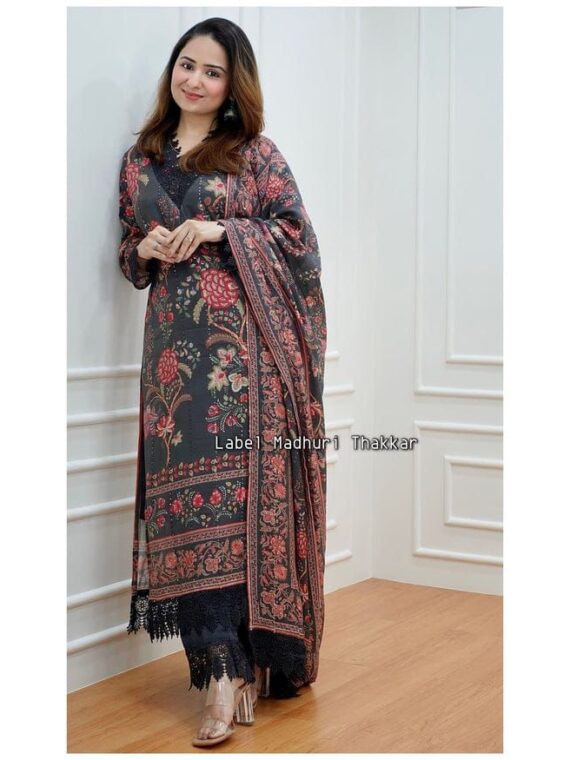 Punjabi Suit Decorated with digital prints, Sequence Embroidery and lace Work 3 Piece Set