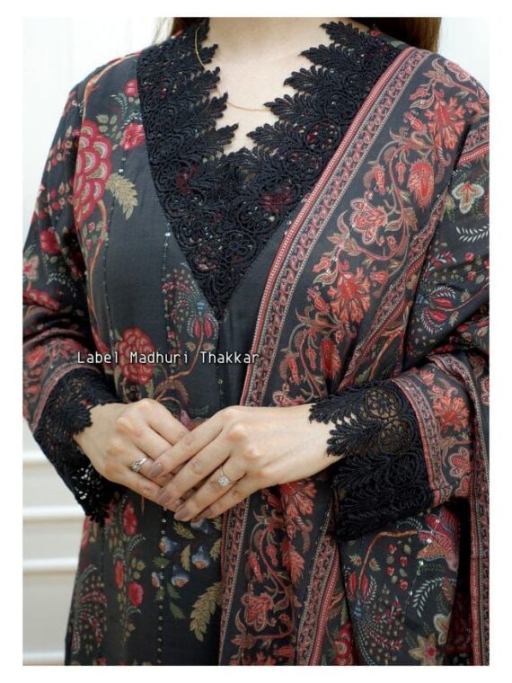 Punjabi Suit Decorated with digital prints, Sequence Embroidery and lace Work 3 Piece Set