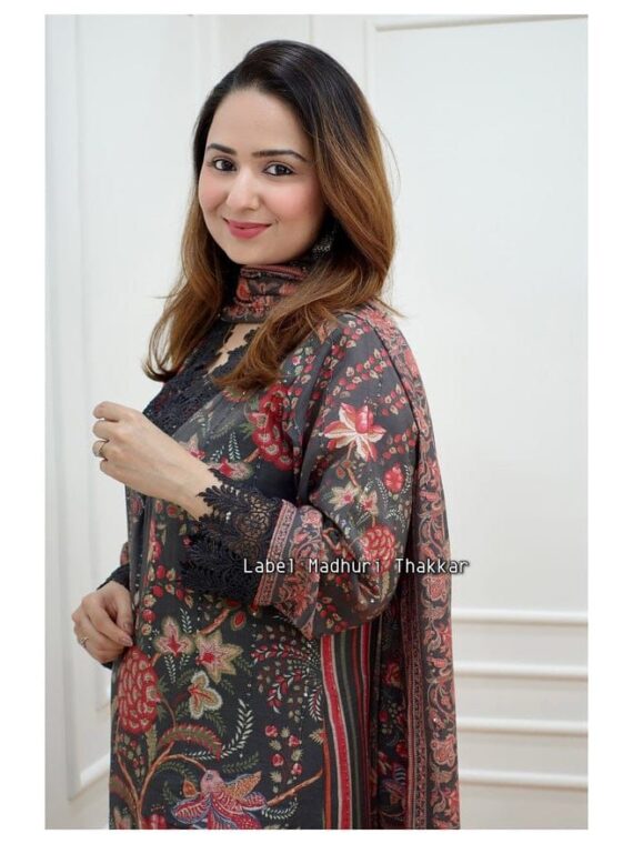 Punjabi Suit Decorated with digital prints, Sequence Embroidery and lace Work 3 Piece Set