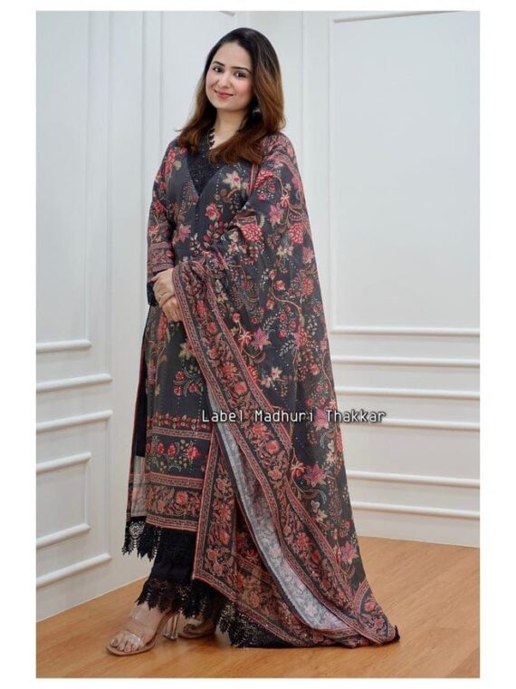 Punjabi Suit Decorated with digital prints, Sequence Embroidery and lace Work 3 Piece Set