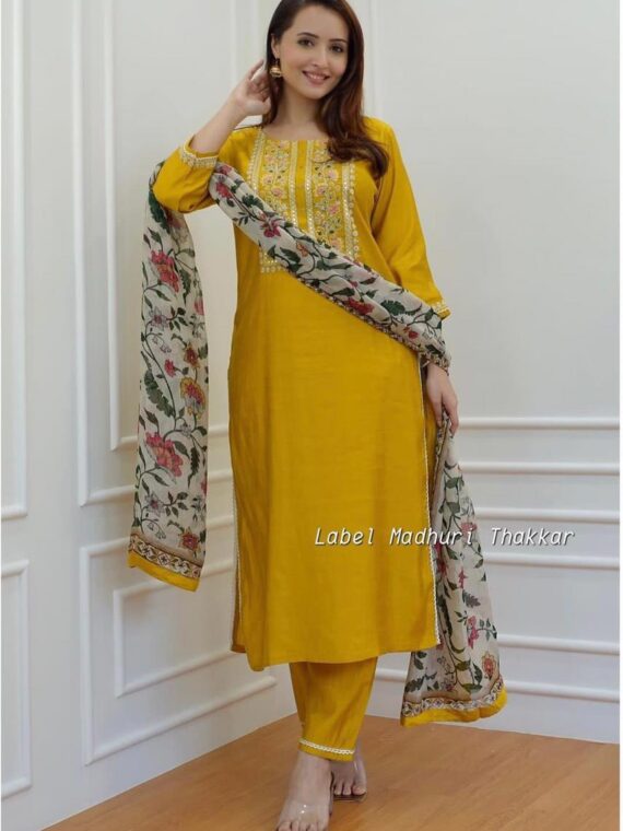 Rayon Fabric With Hand Embroidery Work Chanderi Printed 3 Piece Set