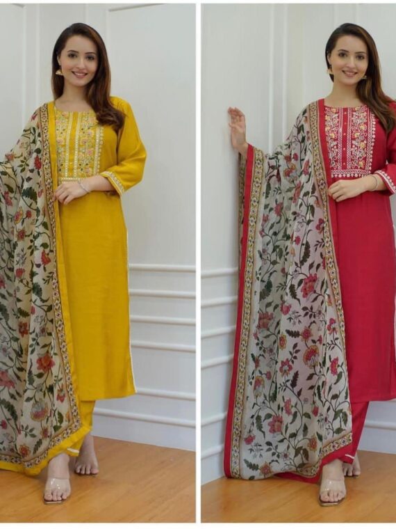 Rayon Fabric With Hand Embroidery Work Chanderi Printed 3 Piece Set