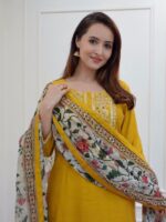 Rayon Fabric With Hand Embroidery Work Chanderi Printed 3 Piece Set