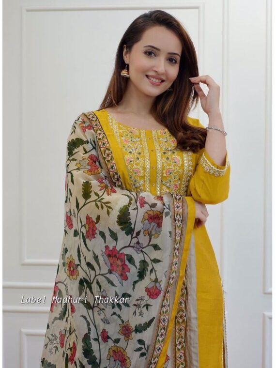 Rayon Fabric With Hand Embroidery Work Chanderi Printed 3 Piece Set