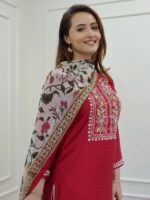 Rayon Fabric With Hand Embroidery Work Chanderi Printed 3 Piece Set