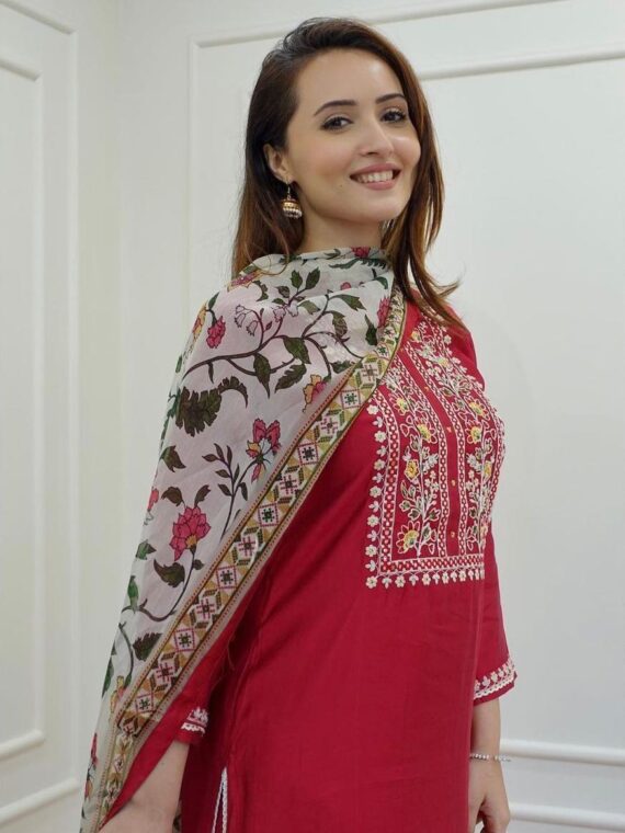 Rayon Fabric With Hand Embroidery Work Chanderi Printed 3 Piece Set