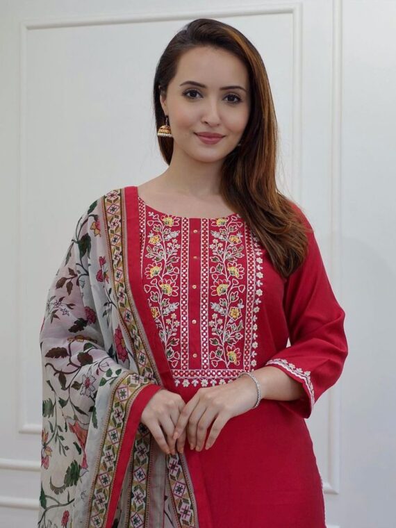 Rayon Fabric With Hand Embroidery Work Chanderi Printed 3 Piece Set