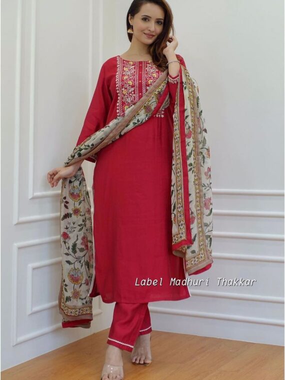 Rayon Fabric With Hand Embroidery Work Chanderi Printed 3 Piece Set