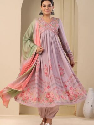 Alia Cut Suit With Hand Embroidery, Zari Weaving and Prints 3 Piece Set