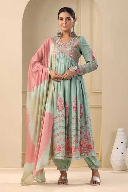 Alia Cut Suit With Hand Embroidery, Zari Weaving and Prints 3 Piece Set