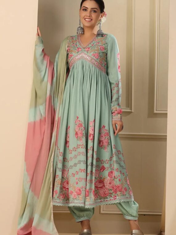 Alia Cut Suit With Hand Embroidery, Zari Weaving and Prints 3 Piece Set