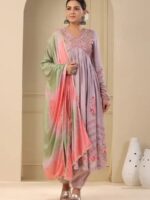 Alia Cut Suit With Hand Embroidery, Zari Weaving and Prints 3 Piece Set