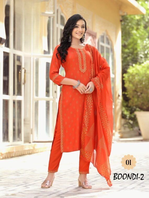 Rayon Kurti with Chanderi Block Print 3 Piece Set