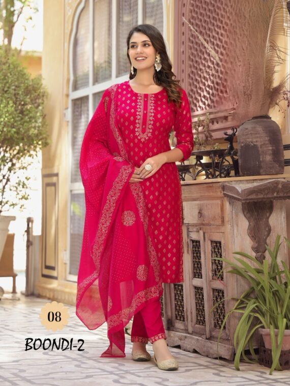 Rayon Kurti with Chanderi Block Print 3 Piece Set