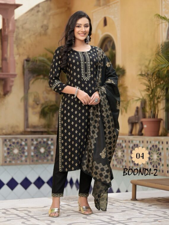 Rayon Kurti with Chanderi Block Print 3 Piece Set