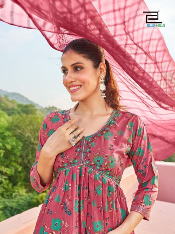 Alia Cut Kurti with Embroidery Floral Print 3 Piece Set