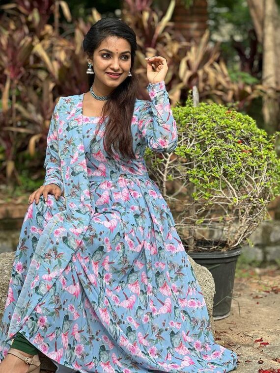 Pastel Blue Anarkali Suit With Block Print Floral Design 3 Piece Set