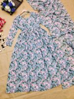 Pastel Blue Anarkali Suit With Block Print Floral Design 3 Piece Set
