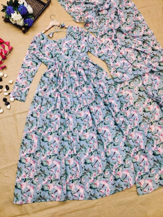 Pastel Blue Anarkali Suit With Block Print Floral Design 3 Piece Set