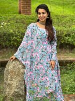 Pastel Blue Anarkali Suit With Block Print Floral Design 3 Piece Set