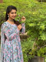 Pastel Blue Anarkali Suit With Block Print Floral Design 3 Piece Set