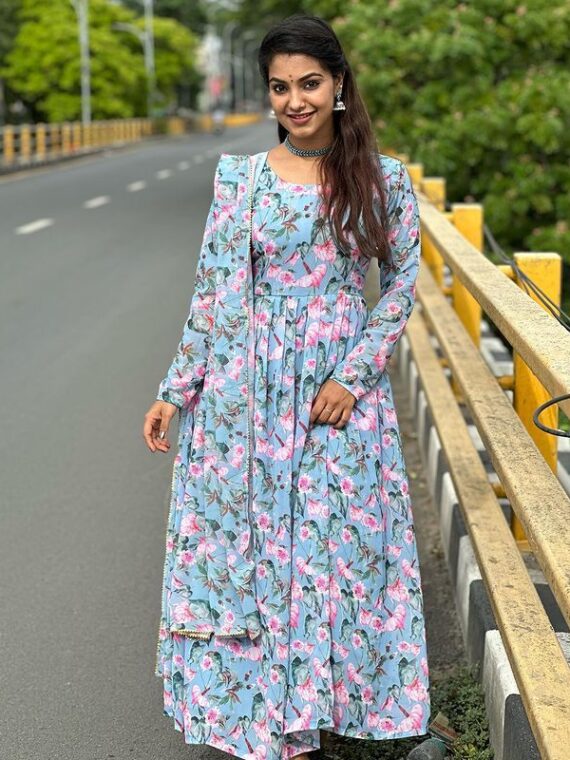 Pastel Blue Anarkali Suit With Block Print Floral Design 3 Piece Set