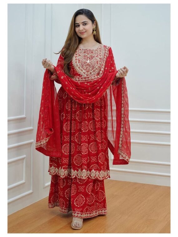 Red Sharara Set Festive Wear With Embroidery Mirror Work and Prints