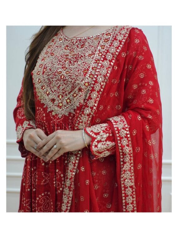 Red Sharara Set Festive Wear With Embroidery Mirror Work and Prints