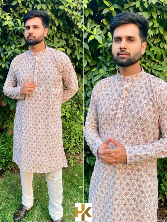 Premium Mens Wear Kurta Pant Schiffli Chikan work with Sequence & Print 2 Piece Set