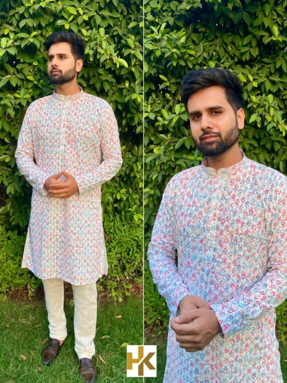 Premium Mens Wear Kurta Pant Schiffli Chikan work with Sequence & Print 2 Piece Set