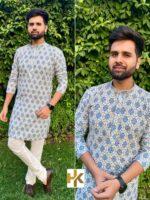 Premium Mens Wear Kurta Pant Schiffli Chikan work with Sequence & Print 2 Piece Set