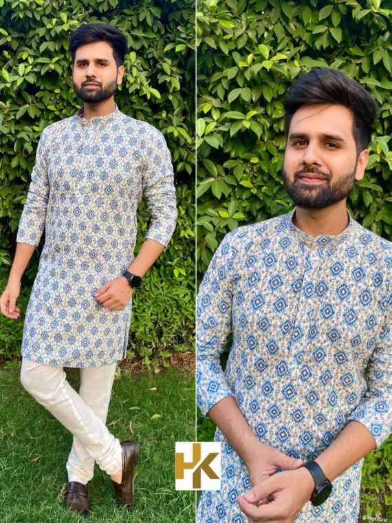 Premium Mens Wear Kurta Pant Schiffli Chikan work with Sequence & Print 2 Piece Set