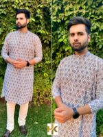 Premium Mens Wear Kurta Pant Schiffli Chikan work with Sequence & Print 2 Piece Set