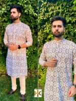 Premium Mens Wear Kurta Pant Schiffli Chikan work with Sequence & Print 2 Piece Set