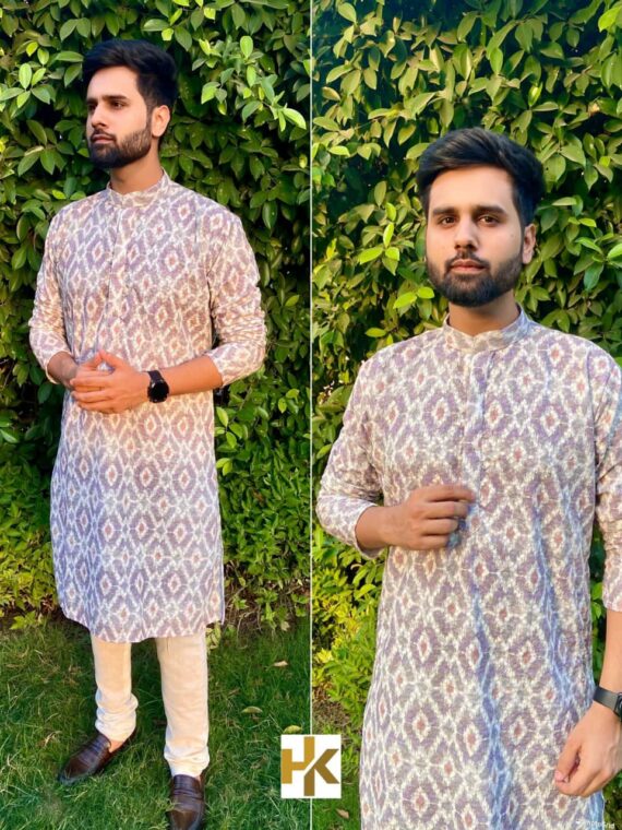 Premium Mens Wear Kurta Pant Schiffli Chikan work with Sequence & Print 2 Piece Set