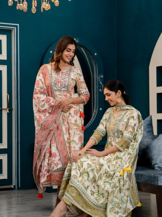 Classical Floral Block Print Lurex Cotton With Heavy Embroidery Kurti 3 Piece SetÂ