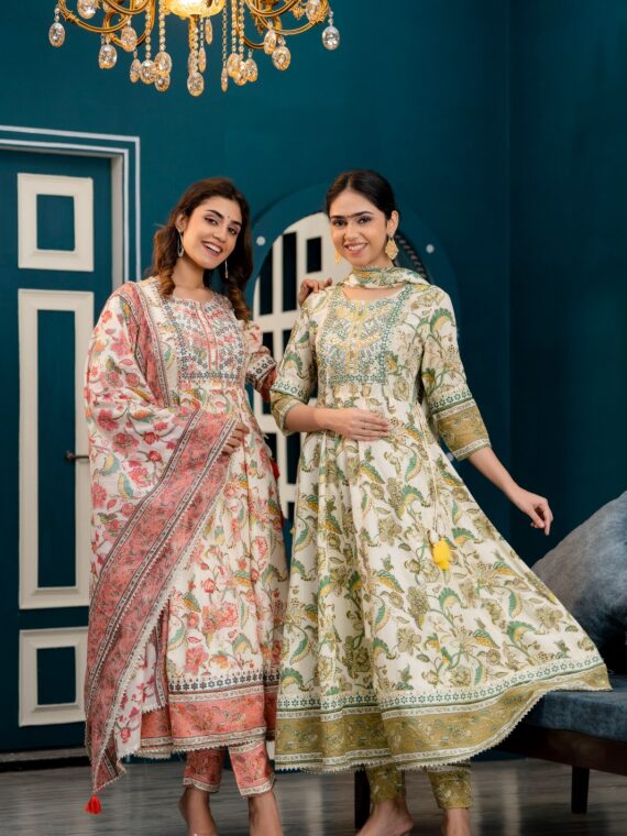 Classical Floral Block Print Lurex Cotton With Heavy Embroidery Kurti 3 Piece SetÂ