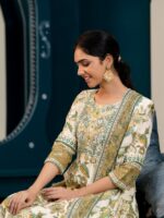 Classical Floral Block Print Lurex Cotton With Heavy Embroidery Kurti 3 Piece SetÂ