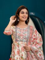 Classical Floral Block Print Lurex Cotton With Heavy Embroidery Kurti 3 Piece SetÂ