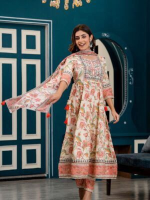 Classical Floral Block Print Lurex Cotton With Heavy Embroidery Kurti 3 Piece Set