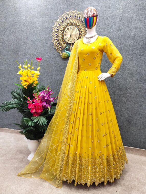 Designer Gowns Party Wear Heavy Embroidery Sequence Work 2 Piece Set 