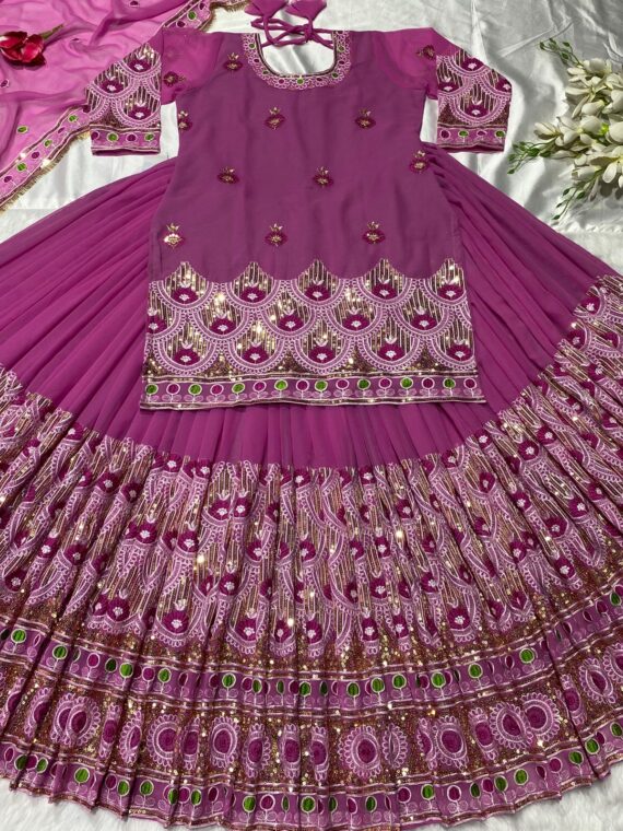 Designer Sharara Lehenga Pattern Embroidery Sequence Work 3 Piece Set