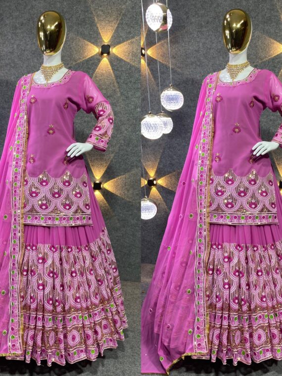 Designer Sharara Lehenga Pattern Embroidery Sequence Work 3 Piece Set