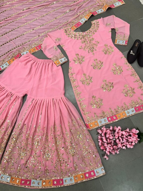 Palazzo Set Faux Georgette With Heavy Embroidery With Sequence Work 3 Piece SetÂ