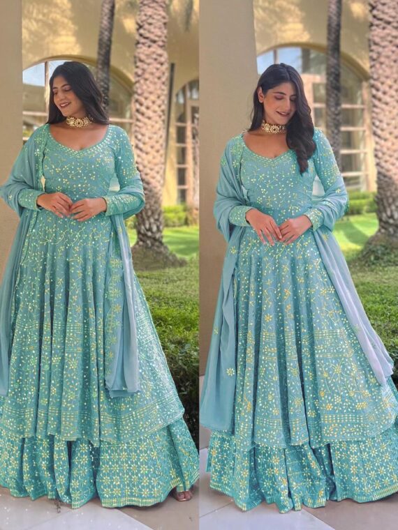 Bollywood Designer Sharara Pattern Lehenga Faux Georgette With Embroidery Sequence Work 3 Piece Set 