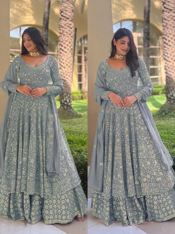 Bollywood Designer Sharara Pattern Lehenga Faux Georgette With Embroidery Sequence Work 3 Piece Set 