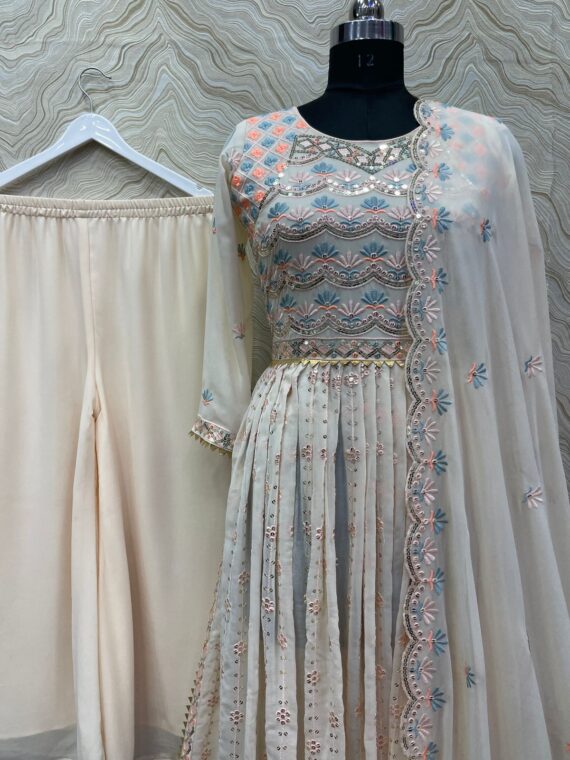 Nayra Cut Kurti with Plazzo Embroidery Sequence Work 3 Piece Set 