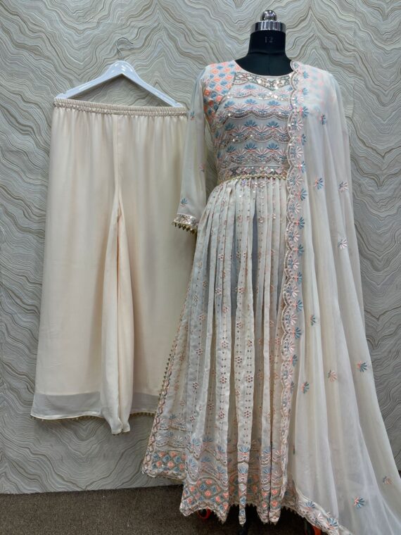 Nayra Cut Kurti with Plazzo Embroidery Sequence Work 3 Piece Set 