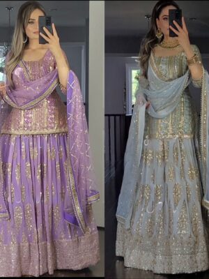 Bollywood Designer Sharara Pattern Lehenga Embroidery Sequence Work 3 Piece Set